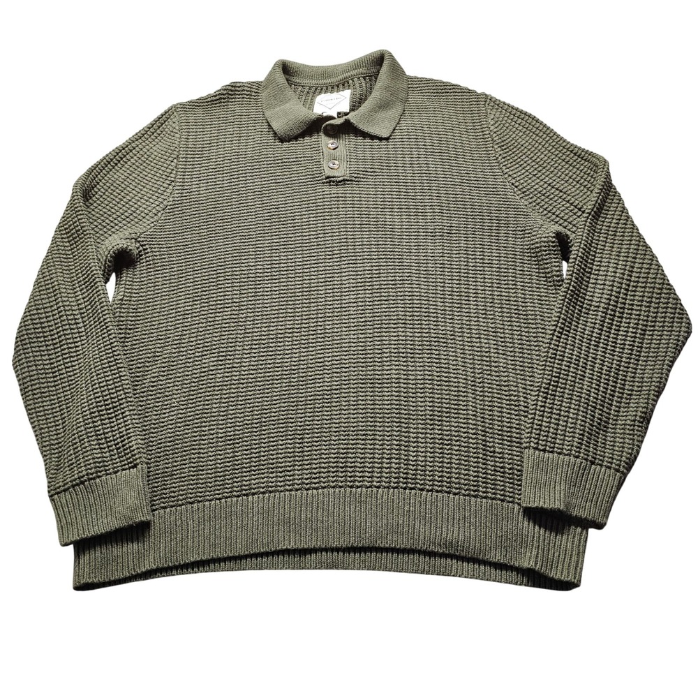 St Johns Bay Waffle Knit Polo Sweater Mens XXL Olive Green Long Sleeve Casual